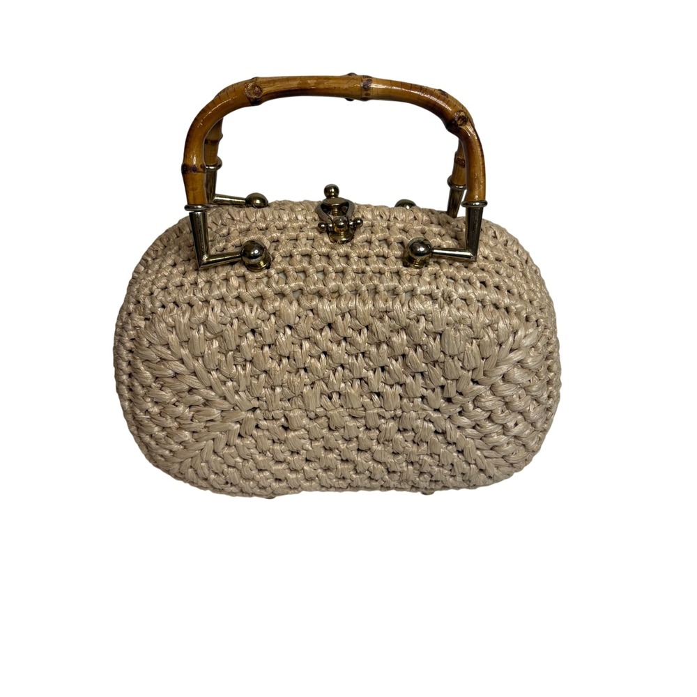 Vintage Mid Century Dayne Taylor Woven Straw Handbag Purse Bamboo Accent‎